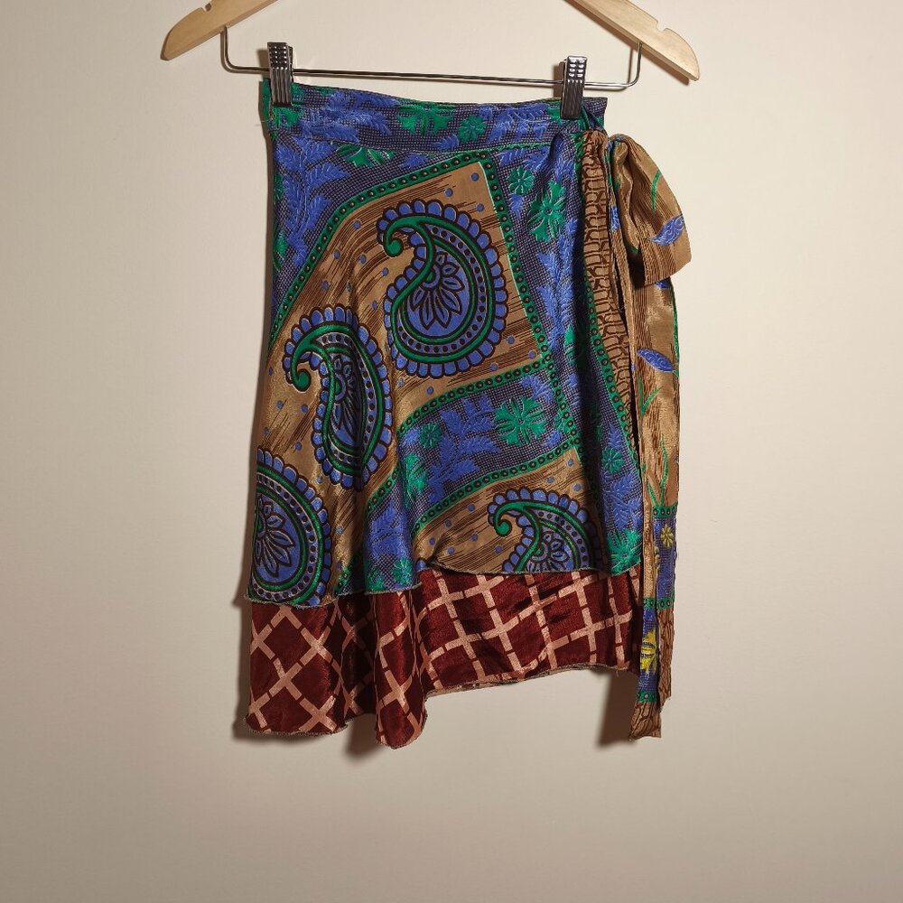 Wevez Silk Blend Magic Wrap Skirt sz XS-M Purple Brown Paisley Printed Layered